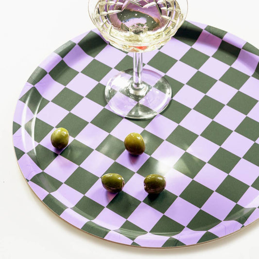 BLU KAT Serviertablett rund | Lilac Olive Checker Aufgeweckt