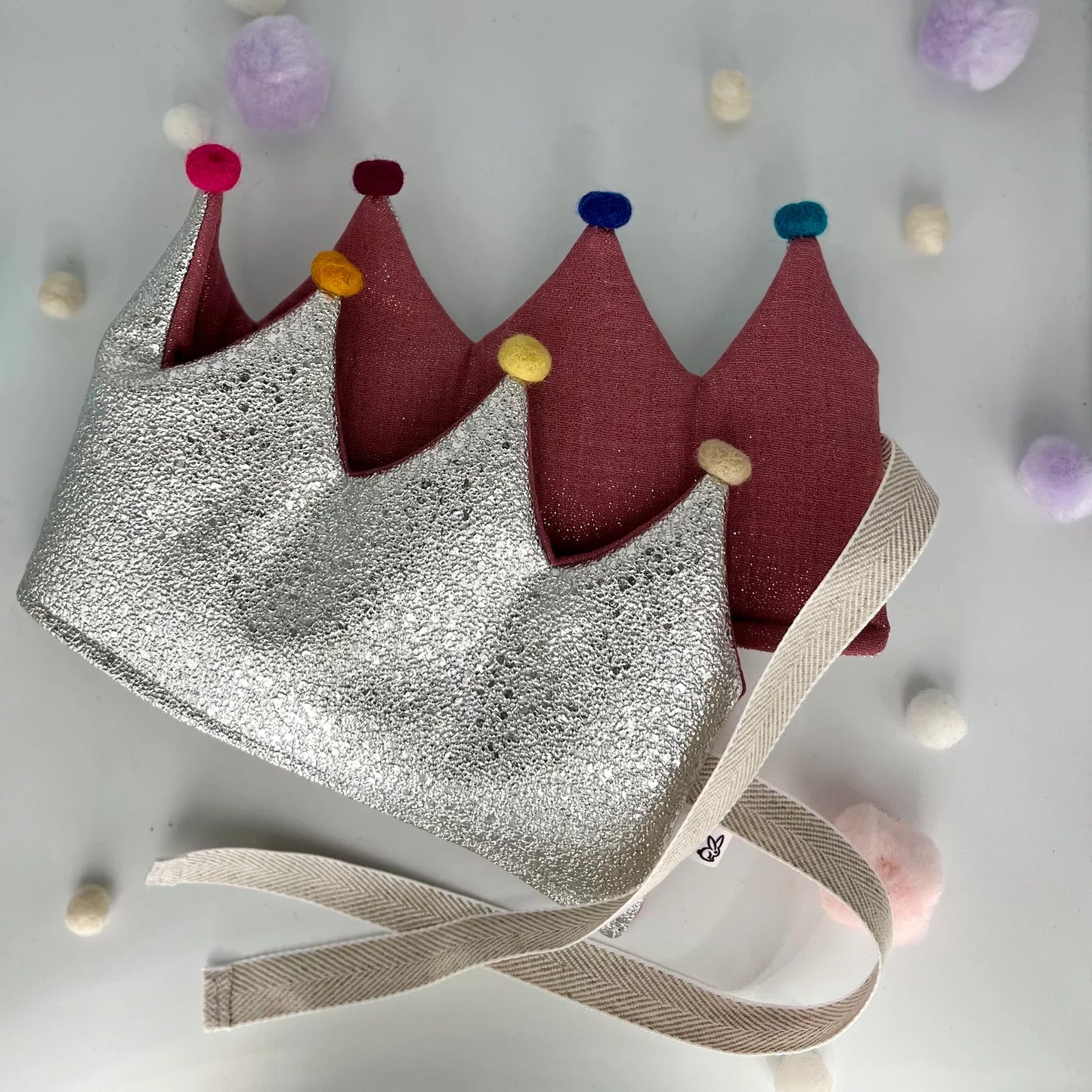 Stoffkrone | Geburtstagskrone Stoffkrone | Glitzer silber rosa und Pompons