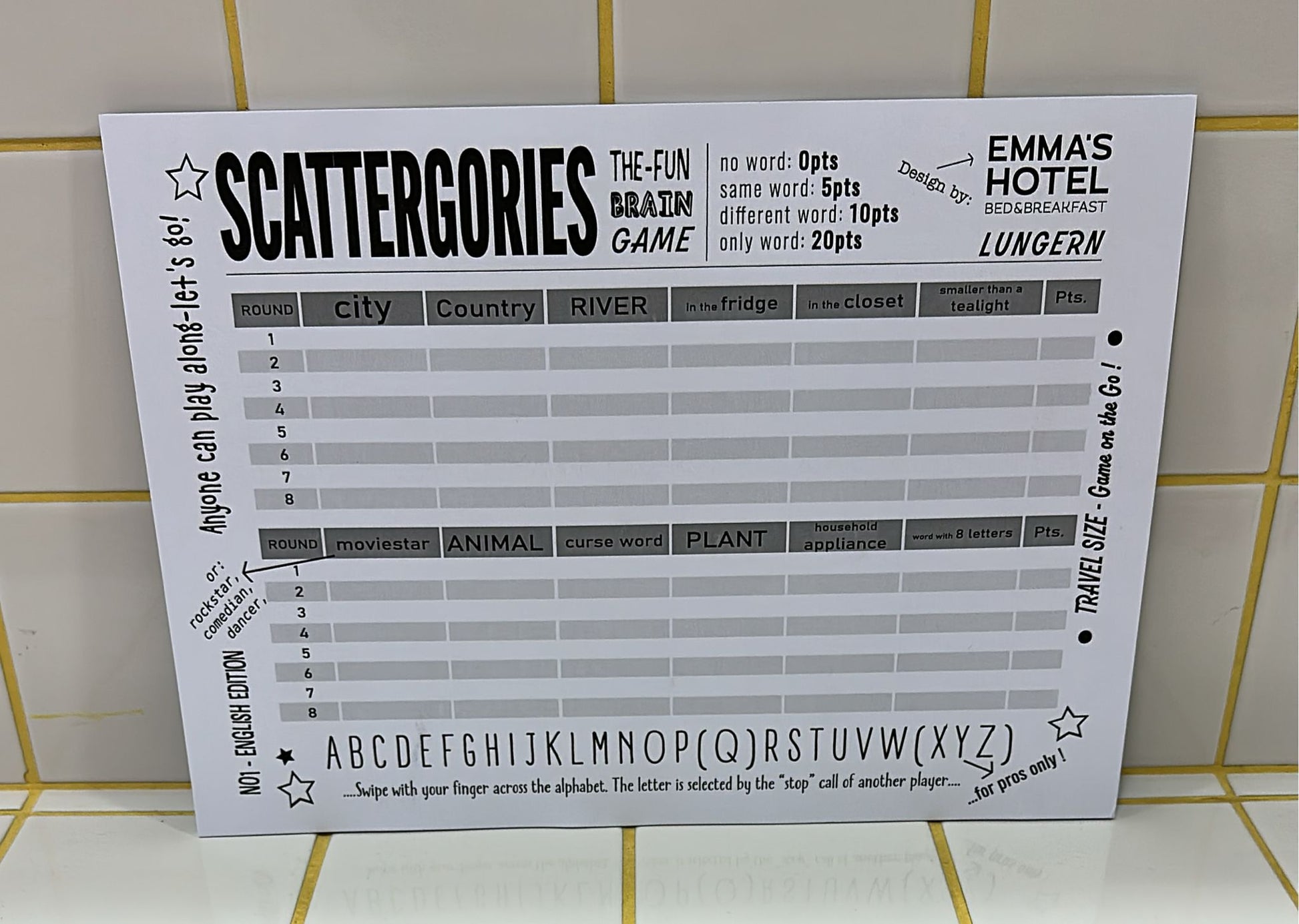 Emma's Hotel Stadt-Land-Fluss/ Scattergories English (25 Blatt) Aufgeweckt