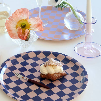 BLU KAT Serviertablett rund | Indigo Mandel Checker Aufgeweckt