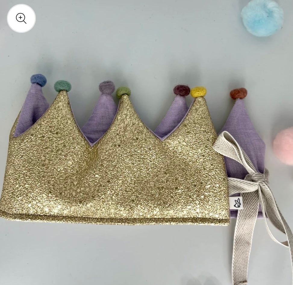 Stoffkrone | Geburtstagskrone Stoffkrone | Glitzer Gold Flieder mit Pompons