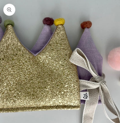 Stoffkrone | Geburtstagskrone Stoffkrone | Glitzer Gold Flieder mit Pompons