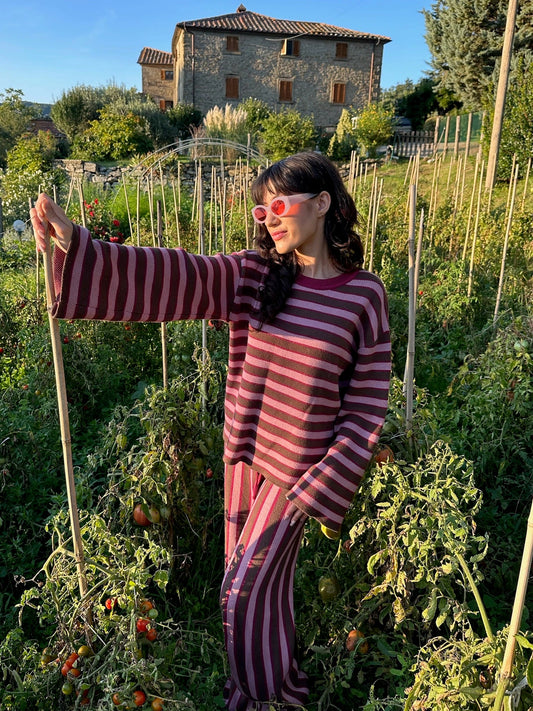 Happymess Sweater aus Bio-Baumwolle | berry stripes Aufgeweckt