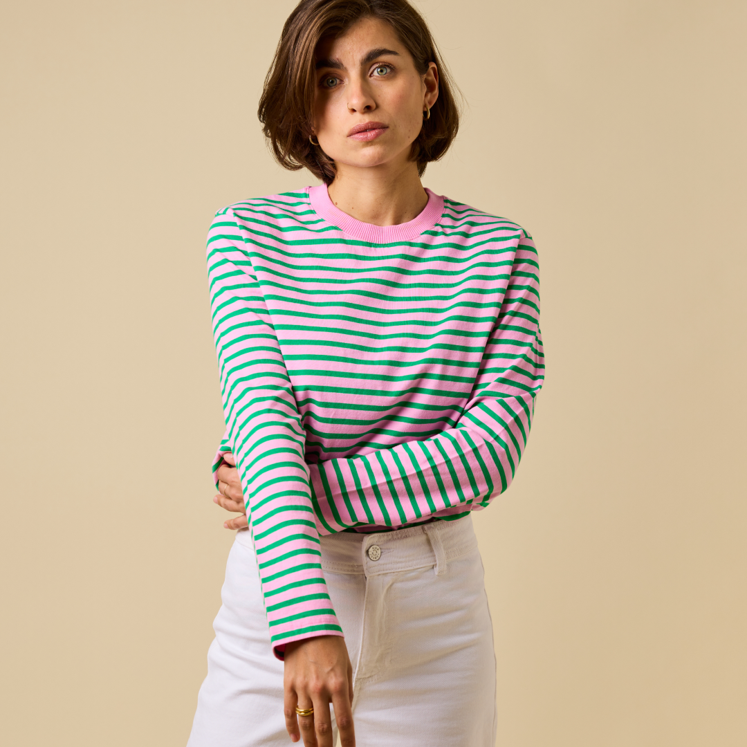 popeia Langarmshirt gestreift | pink/grün Aufgeweckt