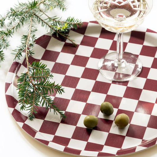 BLU KAT Serviertablett rund | Burgundy Cream Checker Aufgeweckt